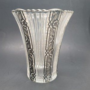 Silver Accented Fluted Glass Vase Vintage Hollywood Deco Style PR311